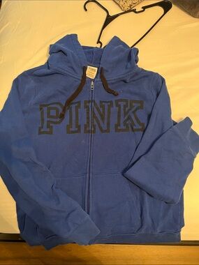 PINK Victoria's Secret Royal Blue Full-Zip Hoodie with Black Logo